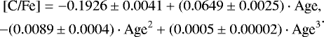 \begin{equation*} \begin{split} [\textrm{C/Fe}] = {-}0.1926 \pm 0.0041 + (0.0649 \pm 0.0025) \cdot {\textrm{Age}}, \\ -(0.0089 \pm 0.0004) \cdot {\textrm{Age}}^{2} + (0.0005 \pm 0.00002) \cdot {\textrm{Age}}^{3} \end{split}.\end{equation*}
