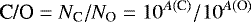 \begin{equation*}\textrm{C/O} = N_{\textrm{C}}/N_{\textrm{O}} = 10^{A(\textrm{C})}/10^{A(\textrm{O})} \end{equation*}