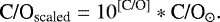 \begin{equation*} {\textrm{C/O}_{\textrm{scaled}}} = 10^{[\textrm{C/O}]} * {\textrm{C/O}_{\odot}}.\end{equation*}