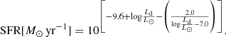 $$ \begin{aligned} \mathrm{SFR} [{M}_\odot \,\mathrm{yr}^{-1}] = 10^{\left[-9.6+{\log }\frac{L_{\rm d}}{L_\odot }-\left(\frac{2.0}{{\log }\frac{L_{\rm d}}{L_\odot }-7.0}\right)\right]}. \end{aligned} $$