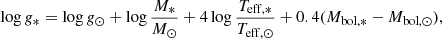 $$ \begin{aligned} {\log {g_{*}} = \log {g_{\odot }} + \log {\frac{M_{*}}{M_{\odot }}} + 4\log {\frac{T_{\mathrm{eff},*}}{T_{\mathrm{eff},\odot }}} + 0.4(M_{\rm bol,*} - M_{\mathrm{bol},\odot }),} \end{aligned} $$