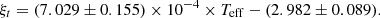 $$ \xi _{t} = (7.029 \pm 0.155) \times 10^{-4} \times T_{\rm eff} - (2.982 \pm 0.089). $$