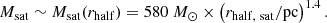 $$ \begin{aligned} M_{\rm sat} \sim M_{\rm sat}(r_{\rm half}) = 580\ M_{\odot } \times \left(r_{\rm half,\ sat}/\mathrm{pc}\right)^{1.4}. \end{aligned} $$