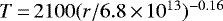 $T\,{=}\,2100 (r/6.8\,{\times}\,10^{13}){}^{-0.16}$