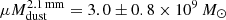 $ \mu M_{\mathrm{dust}}^{2.1\,\mathrm{mm}}=3.0 \pm 0.8\times 10^{9}\,{M_\odot} $