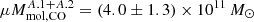 $ \mu M_{\mathrm{mol, CO}}^{A.1+A.2}=(4.0\pm1.3) \times 10^{11}\,{M_\odot} $