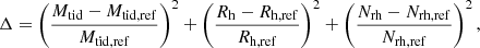 $$ \begin{aligned} \Delta = \left(\frac{M_{\mathrm{tid} }- M_{\mathrm{tid,ref} }}{M_{\mathrm{tid,ref} }} \right)^2 + \left(\frac{R_{\mathrm{h} }- R_{\mathrm{h,ref} }}{R_{\mathrm{h,ref} }} \right)^2 + \left(\frac{N_{\mathrm{rh} }- N_{\mathrm{rh,ref} }}{N_{\mathrm{rh,ref} }} \right)^2 , \end{aligned} $$