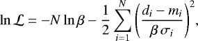 \begin{equation*} {\ln{\mathcal{L}}}{} = -N \ln{\beta{}} - \frac{1}{2} \sum_{i=1}^{N}{ \left(\frac{ d_i - m_i }{ \beta{} \, \sigma_i } \right)^2 }, \end{equation*}