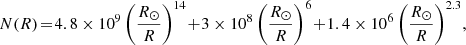 $$ \begin{aligned} {N(R)}\! =\! {4.8\times 10^9\left(\frac{R_\odot }{R}\right)^{14}\! +\! 3 \times 10^8\left(\frac{R_\odot }{R}\right)^{6}\! +\! 1.4\times 10^6\left(\frac{R_\odot }{R}\right)^{2.3}}, \end{aligned} $$