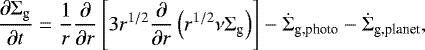 \begin{equation*}\frac{\partial\Sigma_{\textrm{g}}}{\partial t}=\frac{1}{r}\frac{\partial}{\partial r}\left[3r^{1/2}\frac{\partial}{\partial r}\left(r^{1/2}\nu\Sigma_{\textrm{g}}\right)\right]-\dot{\Sigma}_{\textrm{g,photo}}-\dot{\Sigma}_{\textrm{g,planet}},\end{equation*}