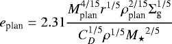 \begin{equation*}e_{\textrm{plan}} = 2.31\frac{M_{\textrm{plan}}^{4/15}r^{1/5}\rho_{\textrm{plan}}^{2/15}\Sigma_{\textrm{g}}^{1/5}}{C_D^{1/5}\rho^{1/5}{M_{\star}}^{2/5}}\end{equation*}