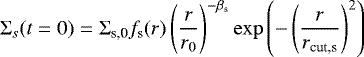 \begin{equation*}\Sigma_s(t=0)=\sigmas0f_{\mathrm{s}}(r)\left(\frac{r}{r_0}\right)^{-\beta_{\textrm{s}}}\exp{\left(-\left(\frac{r}{r_{\textrm{cut,s}}}\right)^{2}\right)}\end{equation*}
