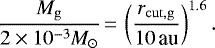 \begin{equation*}\frac{M_{\mathrm{g}}}{{2\times10^{-3}}{\textit{M}_{\odot}}}\,{=}\,\left(\frac{r_{\mathrm{cut,g}}}{{10}\,\textrm{au}}\right)^{1.6}. \end{equation*}
