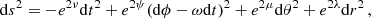 $$ \begin{aligned} \mathrm{d}s^2 = - e^{2 \nu } \mathrm{d}t^2 + e^{2 \psi } (\mathrm{d}\phi -\omega \mathrm{d}t)^2 + e^{2\mu } \mathrm{d}\theta ^2 + e^{2\lambda } \mathrm{d}r^2 \, , \end{aligned} $$