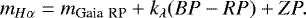 \begin{equation*} m_{H\alpha} = m_{\textrm{Gaia}~\textrm{RP}} + k_{\lambda} ({BP-RP})+ ZP. \end{equation*}