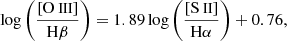 $$ \begin{aligned} \log \left(\frac{\left[{\text{O}}{\small {{\text{ III}}}}\right]}{\mathrm{H}\beta }\right) = 1.89\log \left(\frac{\left[{\text{S}}{\small {{\text{ II}}}}\right]}{\mathrm{H}\alpha }\right)+0.76, \end{aligned} $$