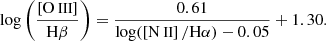 $$ \begin{aligned} \log \left(\frac{\left[{\text{O}}{\small {{\text{ III}}}}\right]}{\mathrm{H}\beta }\right) = \frac{0.61}{\log (\left[{\text{N}}{\small {{\text{ II}}}}\right]/\mathrm{H}\alpha )-0.05}+1.30. \end{aligned} $$