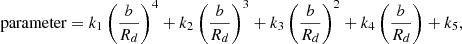 $$ \begin{aligned} \text{ parameter}=k_1 \left( \frac{b}{R_d}\right)^4+k_2\left(\frac{b}{R_d}\right)^3+k_3\left( \frac{b}{R_d}\right)^2+k_4\left(\frac{b}{R_d}\right)+k_5, \end{aligned} $$