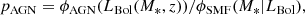 $$ \begin{aligned} p_{\rm AGN} = \phi _{\rm AGN}(L_{\rm Bol} (M_*, z))/\phi _{\rm SMF}({M_*}|L_{\rm Bol}) , \end{aligned} $$
