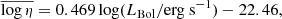 $$ \begin{aligned} \overline{\log {\eta }} = 0.469 \log (L_{\rm Bol}/\mathrm {erg} \ \mathrm {s}^{-1} ) - 22.46 , \end{aligned} $$