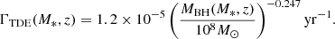 $$ \begin{aligned} \Gamma _{\rm TDE} (M_*, z) = 1.2 \times 10^{-5} \left(\frac{M_{\rm BH}(M_*, z)}{10^8 M_{\odot }}\right)^{-0.247} {\mathrm{yr} }^{-1} . \end{aligned} $$