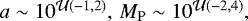 $a \sim 10^{\mathcal{U}(-1, 2)},\, M_{\textrm{P}} \sim 10^{\mathcal{U}(-2, 4)},\, $