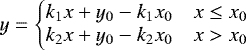 \begin{equation*}y = \left\{\begin{array}{@{}rcl} k_1 x + y_0 - k_1 x_0 & x \leq x_0 \\ k_2 x + y_0 - k_2 x_0 & x > x_0 \end{array}\right. \end{equation*}