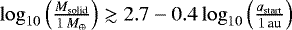 $\log_{10}\left(\frac{M_{\textrm{solid}}}{{1}\,{M_{\oplus}}}\right) \gtrsim 2.7 - 0.4 \log_{10}\left(\frac{a_{\textrm{start}}}{{1}\,\textrm{au}}\right)$