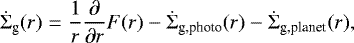 \begin{equation*} \dot{\Sigma}_{\textrm{g}}(r) = \frac{1}{r} \frac{\partial}{\partial r} F(r) - \dot{\Sigma}_{\textrm{g,photo}}(r) - \dot{\Sigma}_{\textrm{g,planet}}(r),\end{equation*}