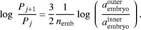 \begin{equation*} \log \ \frac{P_{j+1}}{P_{j}}\,{=}\,\frac{3}{2} \frac{1}{n_{\text{emb}}} \log \ \left(\ \frac{a_{\text{embryo}}^{\text{outer}}}{a_{\text{embryo}}^{\text{inner}}} \ \right) .\end{equation*}