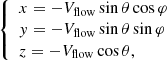 $$ \begin{aligned} {\left\{ \begin{array}{ll} x = -V_{\rm flow} \sin \theta \cos \varphi \\ { y} = -V_{\rm flow} \sin \theta \sin \varphi \\ z = -V_{\rm flow} \cos \theta , \end{array}\right.} \end{aligned} $$