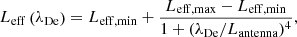 $$ \begin{aligned} L_{\rm eff}\left(\lambda _{\rm De}\right) = L_{\rm eff,min}+\frac{L_{\rm eff,max}-L_{\rm eff,min}}{1+(\lambda _{\rm De}/L_{\mathrm{antenna}})^4}, \end{aligned} $$