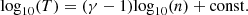$$ \begin{aligned} \mathrm {log}_{10} (T)=(\gamma -1)\mathrm {log}_{10} (n)+\mathrm{const} . \end{aligned} $$