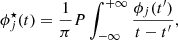 $$ \begin{aligned} \phi _{j}^\star (t) = \frac{1}{\pi }P\int _{-\infty }^{+\infty }\frac{\phi _{j}(t^\prime )}{t-t^\prime } ,\end{aligned} $$