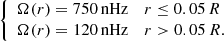$$ \begin{aligned} \left\{ \begin{array}{ll} \Omega (r) = 750\,\mathrm{nHz}&r \le 0.05\,R \\ \Omega (r) = 120\,\mathrm{nHz}&r > 0.05\,R. \\ \end{array}\right. \end{aligned} $$
