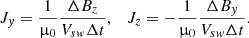 $$ \begin{aligned} J_{ y} = \frac{1}{\upmu _0} \frac{\Delta B_z}{V_{s{ w}} \Delta t}, \quad J_{z} = - \frac{1}{\upmu _0} \frac{\Delta B_{ y}}{V_{s{ w}} \Delta t}. \end{aligned} $$