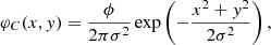 $$ \begin{aligned} \varphi _C(x,{ y}) = \frac{\phi }{2 \pi \sigma ^2} \exp \left(-\frac{x^2 + { y}^2}{2\sigma ^2} \right), \end{aligned} $$