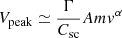 $$ \begin{aligned} V_{\rm peak} \simeq \frac{\Gamma }{C_{\rm sc}}A m { v}^\alpha \end{aligned} $$