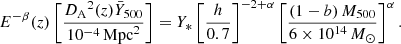 $$ \begin{aligned} E^{-\beta }(z)\left[\frac{{D_{\rm A}}^2(z) {\bar{Y}_{500}}}{{10^{-4}\,\mathrm{Mpc}^2}}\right] = Y_*\left[{\frac{h}{0.7}}\right]^{-2+\alpha } \left[\frac{(1-b)\,{M_{500}}}{6 \times 10^{14}\,M_{\odot }}\right]^{\alpha }. \end{aligned} $$