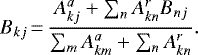 \begin{equation*}B_{kj}\,{=}\,\frac{A_{kj}^{a} + \sum_{n} A_{kn}^{r} B_{nj}}{\sum_{m} A_{km}^{a} + \sum_{n} A_{kn}^{r}}.\end{equation*}