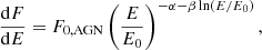 $$ \begin{aligned} \frac{\mathrm{d} F}{\mathrm{d} E} = F_{0,\mathrm{AGN} }\left(\frac{E}{E_0}\right)^{-\alpha -\beta \ln \!{\left(E/E_0\right)}}\mathrm{,} \end{aligned} $$