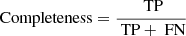 $$ \begin{aligned} \mathrm{Completeness} = \frac{\text{ TP}}{\text{ TP} + \text{ FN}} \end{aligned} $$