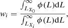 $$ \begin{aligned} { w}_i = {\int _{L_{X_0}}^{\infty } \phi (L) \mathrm{d}L \over \int _{L_{X_i}}^{\infty } \phi (L) \mathrm{d}L}, \end{aligned} $$