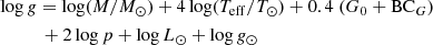 $$ \begin{aligned}&\log {g} = \log (M/M_\odot ) + 4\log (T_\mathrm{eff} /T_\odot ) +0.4\ (G_0 + \mathrm{BC}_{G}) \nonumber \\&\qquad \quad +2\log p + \log L_\odot + \log {g}_\odot \end{aligned} $$