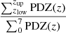 $ \frac{\sum_{z_{\mathrm{low}}}^{z_{\mathrm{up}}}{\mathrm{PDZ}(z)}}{\sum_0^7{\mathrm{PDZ}(z)}} $