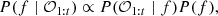 $$ \begin{aligned} P(f\mid \mathcal{O} _{1:t}) \propto P(\mathcal{O} _{1:t}\mid f)P(f), \end{aligned} $$