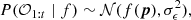 $$ \begin{aligned} P(\mathcal{O} _{1:t}\mid f) \sim \mathcal{N} (f(\boldsymbol{p}),\sigma ^2_{\epsilon }), \end{aligned} $$