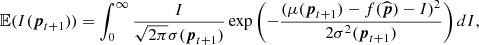 $$ \begin{aligned} \mathbb{E} (I(\boldsymbol{p}_{t+1})) = \int ^{\infty }_{0} \frac{I}{\sqrt{2 \pi } \sigma (\boldsymbol{p}_{t+1})} \exp \left( -\frac{(\mu (\boldsymbol{p}_{t+1})-f(\widehat{\boldsymbol{p}})-I)^2}{2\sigma ^2(\boldsymbol{p}_{t+1})}\right) dI, \end{aligned} $$
