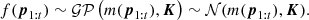 $$ \begin{aligned} f(\boldsymbol{p}_{1:t}) \sim \mathcal{GP} \left( m(\boldsymbol{p}_{1:t}),\boldsymbol{K}\right) \sim \mathcal{N} ( m(\boldsymbol{p}_{1:t}),\boldsymbol{K}). \end{aligned} $$