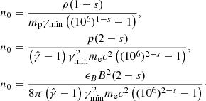 $$ \begin{aligned}&n_0 = \frac{\rho (1-s)}{m_{\rm p}\gamma _{\rm min}\left((10^6)^{1-s}-1\right)},\nonumber \\&n_0 = \frac{p(2-s)}{\left(\hat{\gamma }-1\right)\gamma _{\rm min}^2m_{\rm e} c^2 \left((10^6)^{2-s}-1\right)},\nonumber \\&n_0 = \frac{\epsilon _B B^2(2-s)}{8\pi \left(\hat{\gamma }-1\right) \gamma _{\rm min}^2m_{\rm e} c^2\left((10^6)^{2-s}-1\right)}\cdot \end{aligned} $$